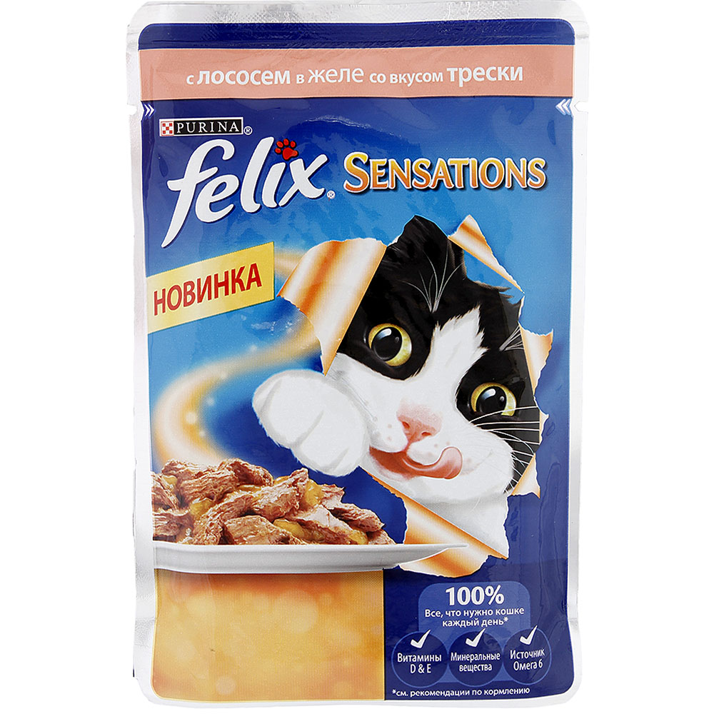 FELIX Sensations влажный корм для взрослых кошек в желе лосось со вкусом  трески 85 г – купить в интернет зоомагазине РыжийКот56.рф